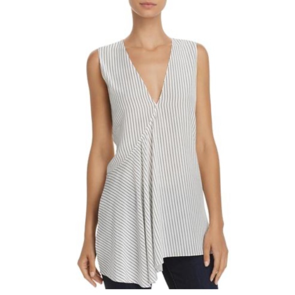 Silk striped fluid draped ruffle sleeveless top